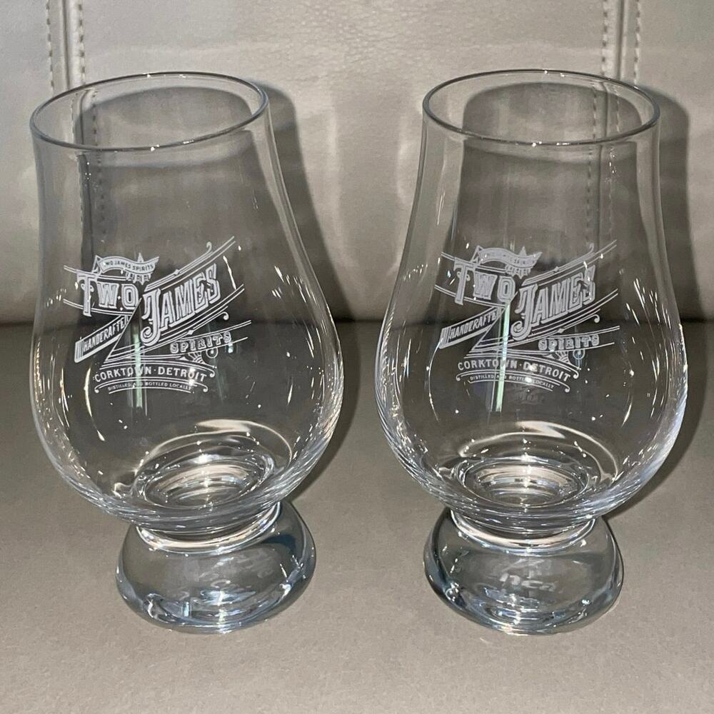 Set of 2 Two James Spirits Detroit Crystal Glencairn Whiskey Tasting Snifters